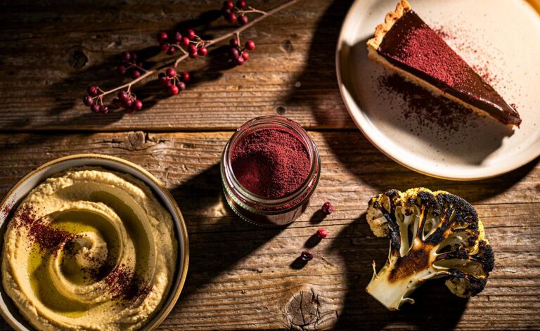 Illustration von einem geöffneten Glas mit rotbraunem Sumach-Gewürzpulver, daneben liegen frische Sumach-Beeren und ein Zweig, auf einem rustikalen Holztisch mit verschiedenen Gerichten wie Hummus, gegrilltem Gemüse und einer Schokoladentarte, die alle mit dem Gewürz verfeinert sind.