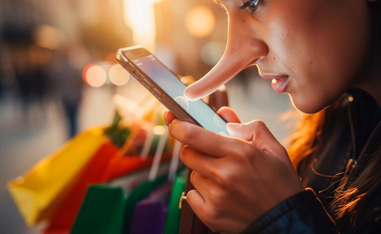 Illustration von einer Person, die mit der Nasenspitze ein Smartphone bedient, während die Hände mit Alltagsgegenständen beschäftigt sind.