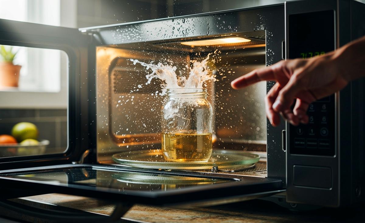 Illustration von einer Hand, die eine Flasche Essig vor einer geöffneten Mikrowelle hält, während dampfende Flüssigkeit aus einem Gefäß im Inneren herauszuschießen droht.
