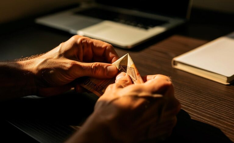 Illustration von einer Hand, die einen Euro-Geldschein zu einem scharfen Dreieck faltet, vor dem Hintergrund eines modernen, fokussierten Arbeitsplatzes.