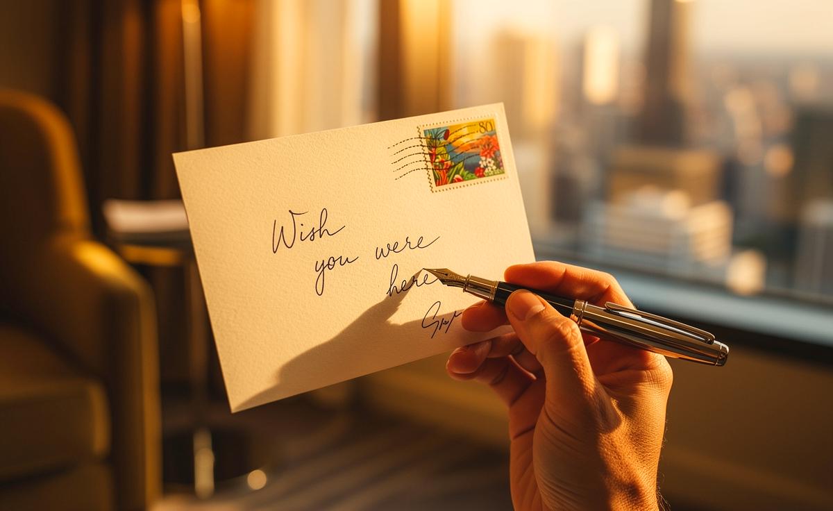 Illustration von einer Hand, die eine handgeschriebene Postkarte mit einer exotischen Briefmarke vor der Kulisse eines stilisierten, luxuriösen Hotelzimmers hält.