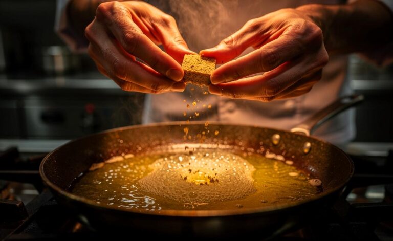 Illustration von einem zerbröselten Suppenwürfel, der in einem heißen Topf mit schmelzender Butter goldbraun angeröstet wird, während aromatischer Dampf aufsteigt.