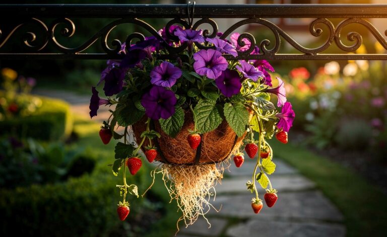 Illustration von mehreren üppig blühenden Hängekörben, die kopfüber an einem Balkongeländer befestigt sind.