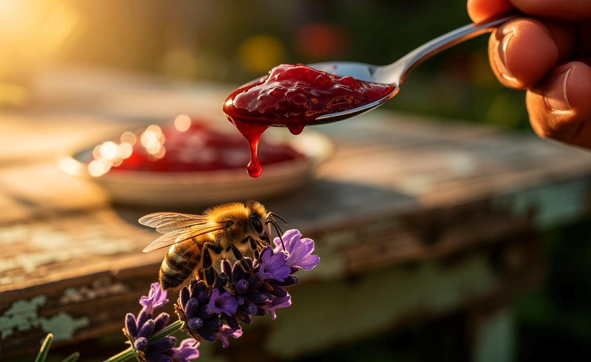 Illustration von einer Hand, die einen Löffel mit Marmelade über einer erschöpften Biene auf einer Blüte hält, daneben ein Schälchen mit dem süßen Brotaufstrich.