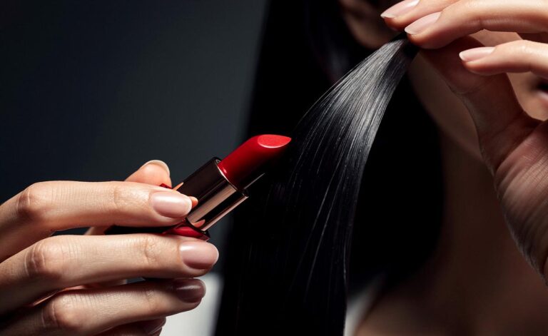 Illustration von einer Hand, die einen geöffneten Lippenstift hält und damit eine Haarsträhne formt.
