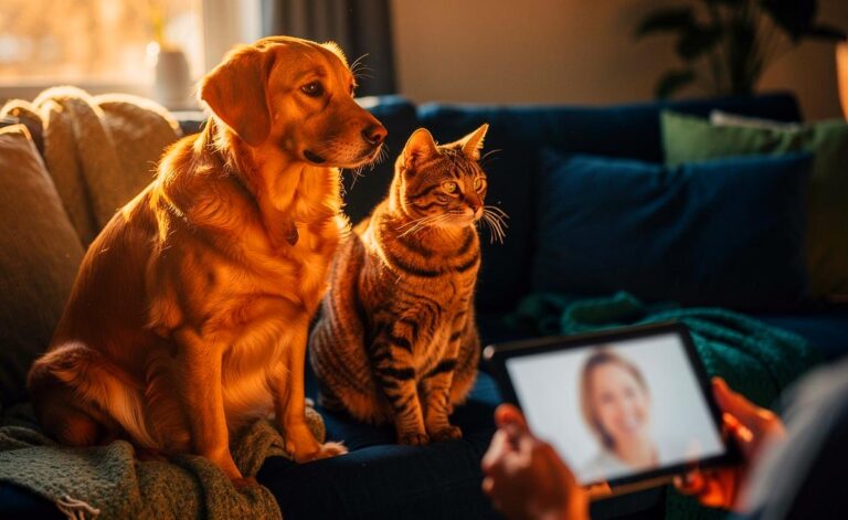 Illustration von einem Hund und einer Katze, die aufmerksam auf einen Tablet-Bildschirm blicken, auf dem ihr Besitzer zu sehen ist.