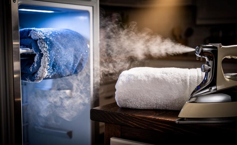 Illustration von einem gefrorenen, aufgerollten Handtuch, das aus einer Gefriertruhe genommen wird, neben einem dampfenden Bügeleisen auf einem flauschigen, frisch gefalteten Handtuch.