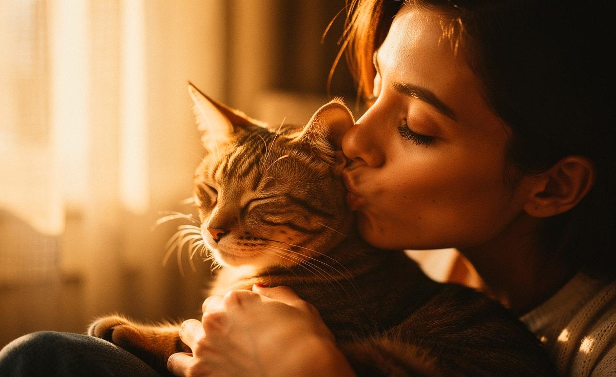 Illustration von einer Person, die im sanften Licht einer Wohnung leise mit ihrer anschmiegenden Katze flüstert.