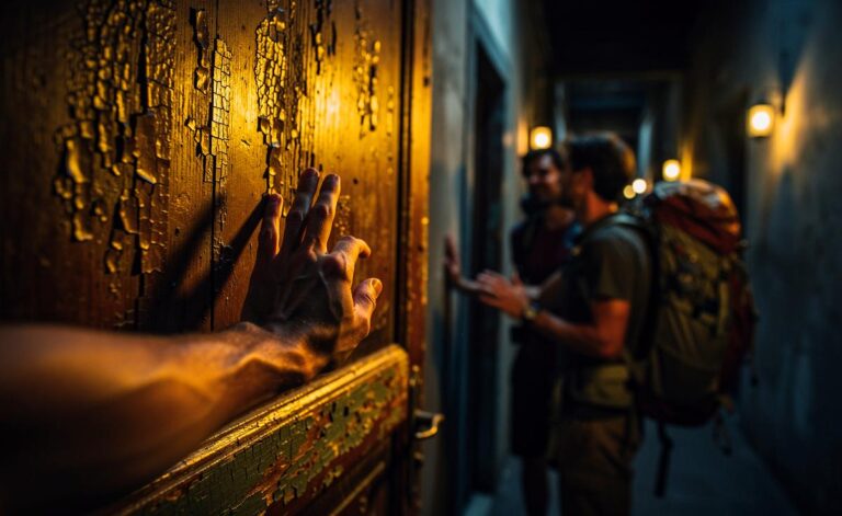 Illustration von einer Hand, die ein rhythmisches Klopfzeichen an eine Hostelzimmertür gibt, während im Hintergrund weitere Reisende diskret kommunizieren.