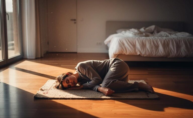 Illustration von einer Person, die entspannt auf einer schlichten Fußmatte in einem leeren, minimalistischen Raum schläft, während im Hintergrund ein übergroßes, unbelegtes Bett als stummer Kontrast steht.