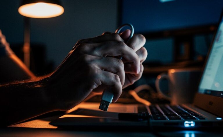 Illustration von einer Person, die frustriert ein USB-Kabel in verschiedenen Orientierungen an einen Laptop anschließt, während schematische Gehirn-Icons und Symmetrie-Darstellungen die kognitiven und designbedingten Ursachen visualisieren.